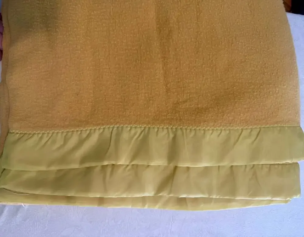 Vintage Queen Size Wool Blanket in Mustard Yellow with Satin Binding